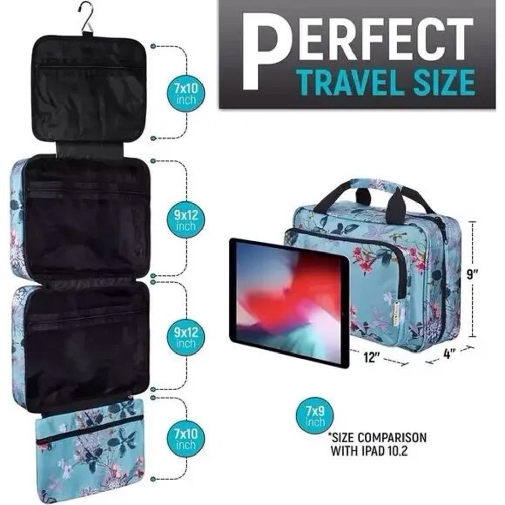 BANG & Carlsen 🐈 NWT Blue Floral Toiletry Travel Bag Zipper Compartments - Picture 2 of 2